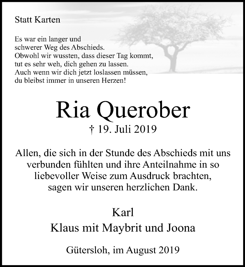  Traueranzeige für Ria Querober vom 16.08.2019 aus Neue Westfälische
