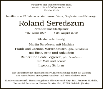 Traueranzeige von Roland Seredszun von Neue Westfälische