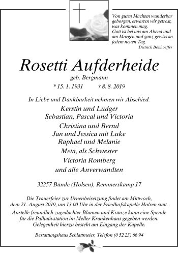 Traueranzeige von Rosetti Aufderheide von Neue Westfälische