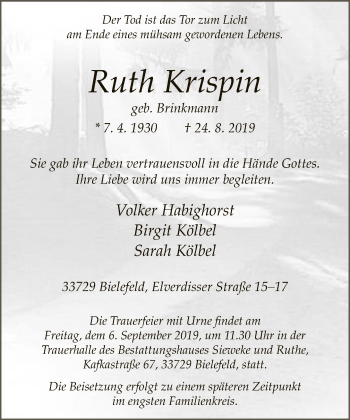 Traueranzeige von Ruth Krispin von Neue Westfälische