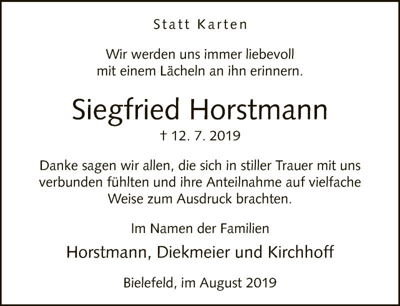 Traueranzeige für Siegfried Horstmann vom 31.08.2019 aus Neue Westfälische