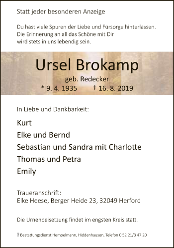 Traueranzeige von Ursel Brokamp von Neue Westfälische