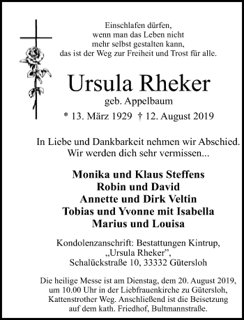 Traueranzeige von Ursula Rheker von Neue Westfälische