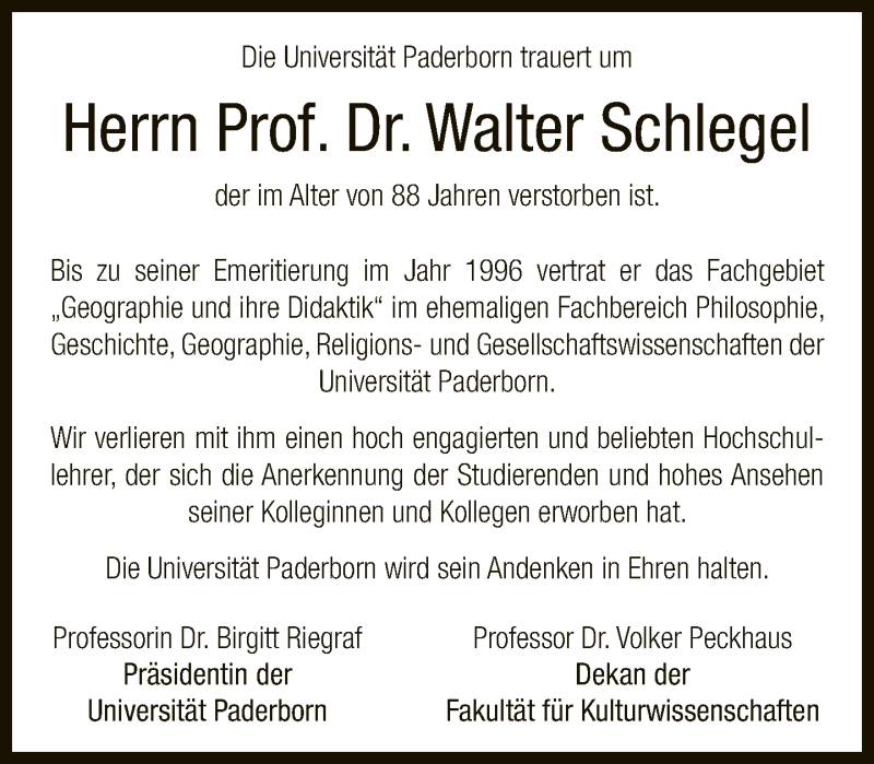  Traueranzeige für Walter Schlegel vom 29.08.2019 aus Neue Westfälische