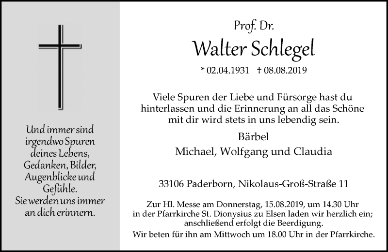  Traueranzeige für Walter Schlegel vom 13.08.2019 aus Neue Westfälische
