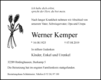 Traueranzeige von Werner Kemper von Neue Westfälische