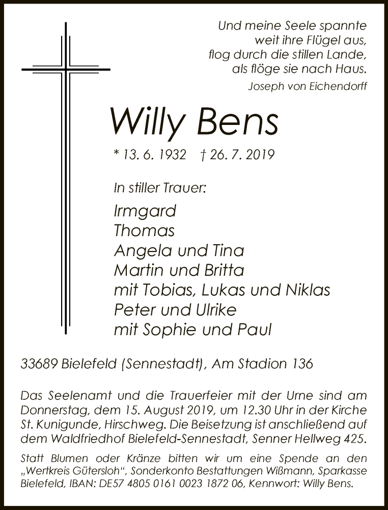  Traueranzeige für Willy Bens vom 03.08.2019 aus Neue Westfälische