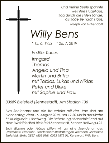 Traueranzeige von Willy Bens von Neue Westfälische