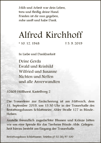 Traueranzeige von Alfred Kirchhoff von Neue Westfälische