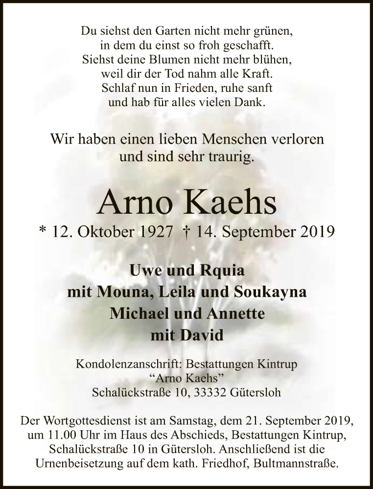  Traueranzeige für Arno Kaehs vom 17.09.2019 aus Neue Westfälische