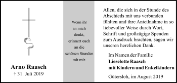 Traueranzeige von Arno Raasch von Neue Westfälische
