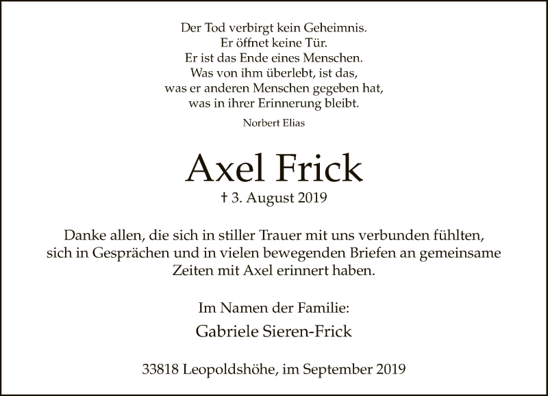  Traueranzeige für Axel Frick vom 21.09.2019 aus Neue Westfälische