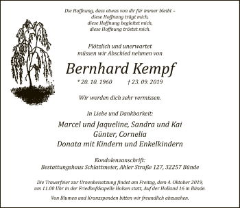 Traueranzeige von Bernhard Kempf von Neue Westfälische