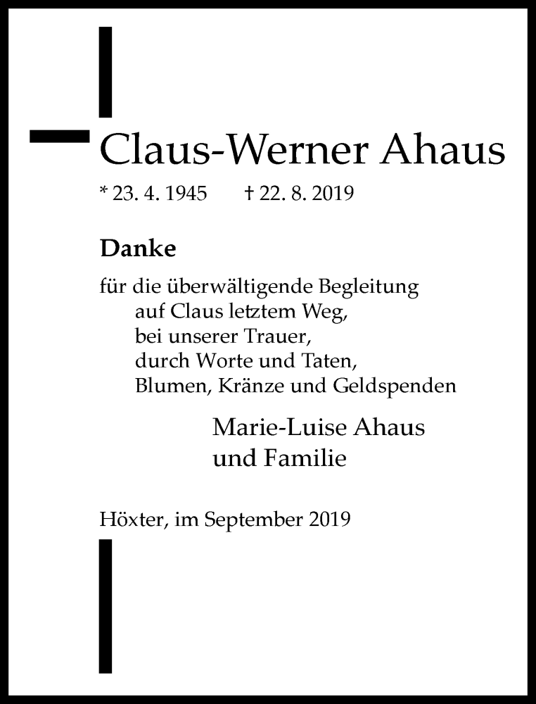  Traueranzeige für Claus-Werner Ahaus vom 21.09.2019 aus Neue Westfälische