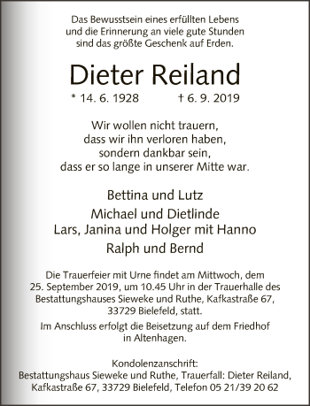 Traueranzeige von Dieter Reiland von Neue Westfälische