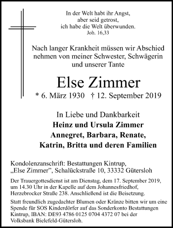 Traueranzeige von Else Zimmer von Neue Westfälische