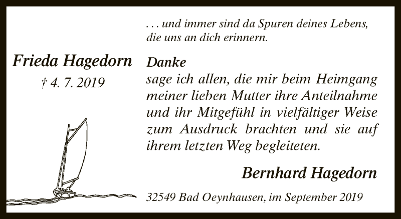  Traueranzeige für Frieda Hagedorn vom 28.09.2019 aus Neue Westfälische