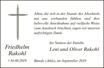 Traueranzeige von Friedhelm Rakohl von Neue Westfälische