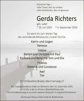 Traueranzeige von Gerda Richters von Neue Westfälische