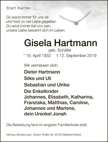 Traueranzeige von Gisela Hartmann von Neue Westfälische
