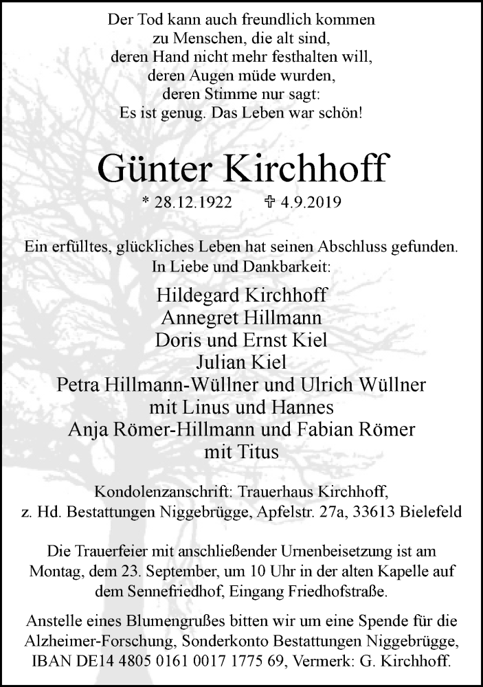  Traueranzeige für Günter Kirchhoff vom 14.09.2019 aus Neue Westfälische
