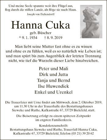 Traueranzeige von Hanna Cuka von Neue Westfälische