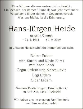 Traueranzeige von Hans-Jürgen Heide von Neue Westfälische