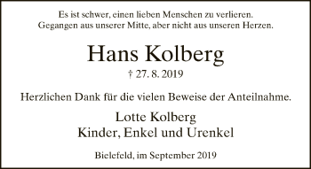 Traueranzeige von Hans Kolberg von Neue Westfälische