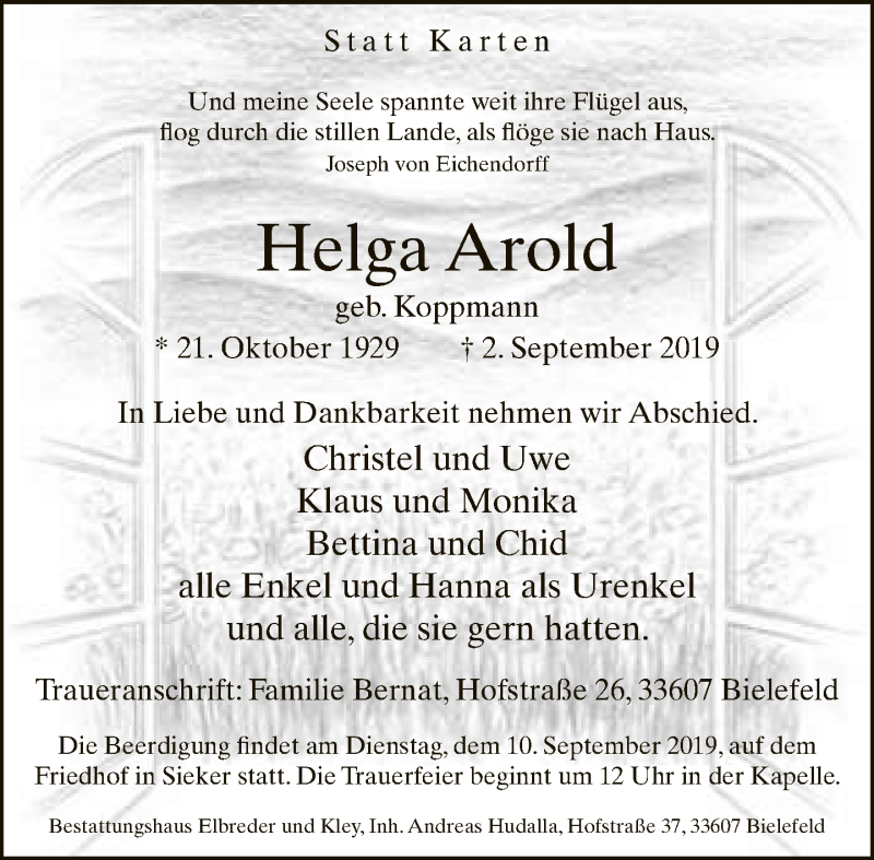  Traueranzeige für Helga Arold vom 07.09.2019 aus Neue Westfälische