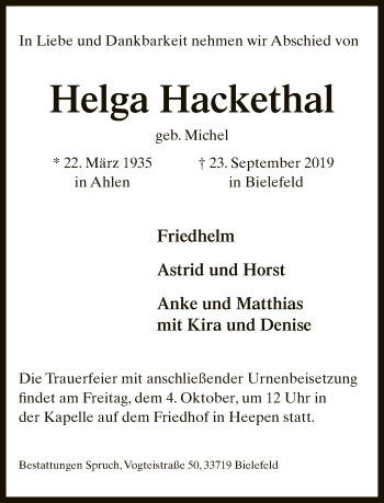 Traueranzeige von Helga Hackethal von Neue Westfälische