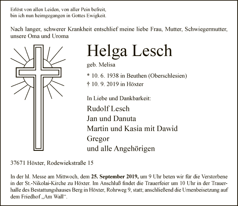  Traueranzeige für Helga Lesch vom 12.09.2019 aus Neue Westfälische