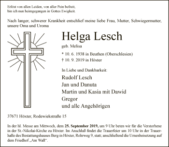 Traueranzeige von Helga Lesch von Neue Westfälische