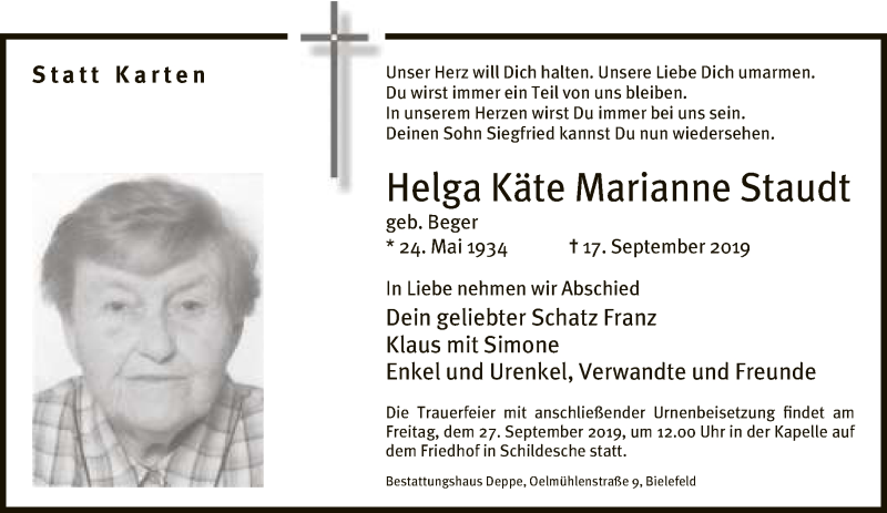  Traueranzeige für Helga Käte Marianne Staudt vom 25.09.2019 aus Neue Westfälische