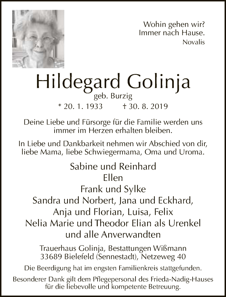  Traueranzeige für Hildegard Golinja vom 07.09.2019 aus Neue Westfälische