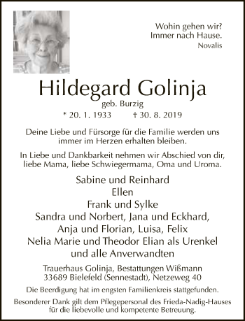 Traueranzeige von Hildegard Golinja von Neue Westfälische