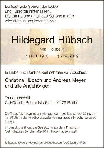 Traueranzeige von Hildegard Hübsch von Neue Westfälische