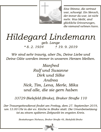 Traueranzeige von Hildegard Lindemann von Neue Westfälische