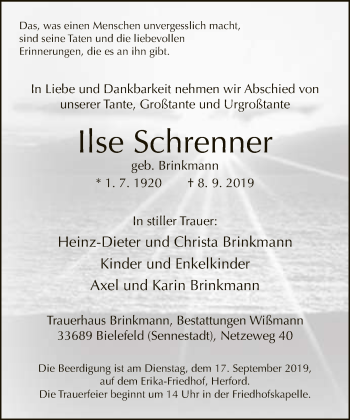 Traueranzeige von Ilse Schrenner von Neue Westfälische