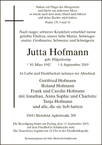 Traueranzeige von Jutta Hofmann von Neue Westfälische