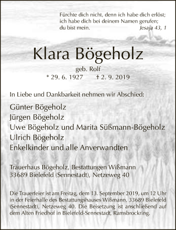 Traueranzeige von Klara Bögeholz von Neue Westfälische