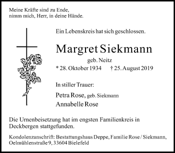 Traueranzeige von Margret Siekmann von Neue Westfälische