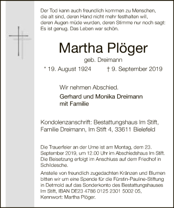 Traueranzeige von Martha Plöger von Neue Westfälische