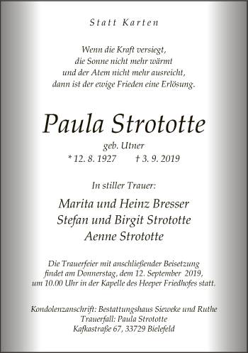 Traueranzeige von Paula Strototte von Neue Westfälische