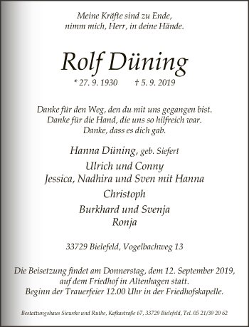Traueranzeige von Rolf Düning von Neue Westfälische