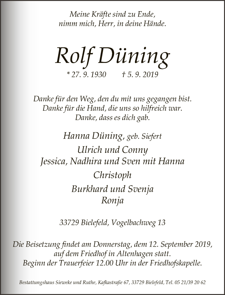  Traueranzeige für Rolf Düning vom 10.09.2019 aus Neue Westfälische