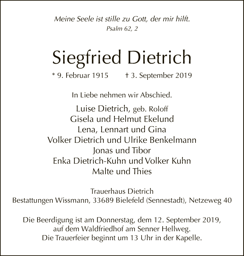  Traueranzeige für Siegfried Dietrich vom 07.09.2019 aus Neue Westfälische