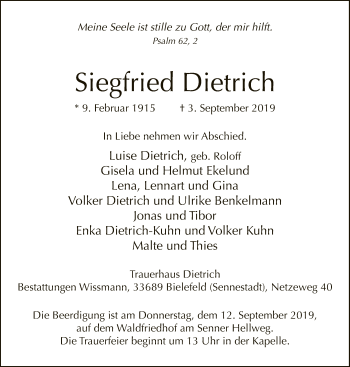 Traueranzeige von Siegfried Dietrich von Neue Westfälische