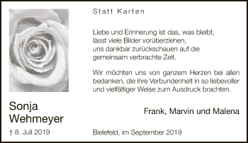 Traueranzeige von Sonja Wehmeyer von Neue Westfälische