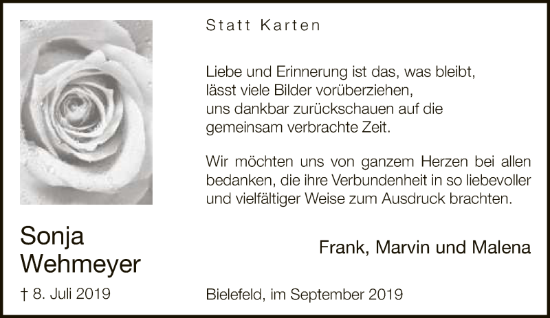  Traueranzeige für Sonja Wehmeyer vom 07.09.2019 aus Neue Westfälische