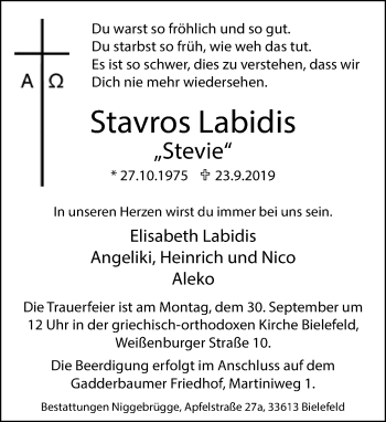 Traueranzeige von Stavros Labidis von Neue Westfälische